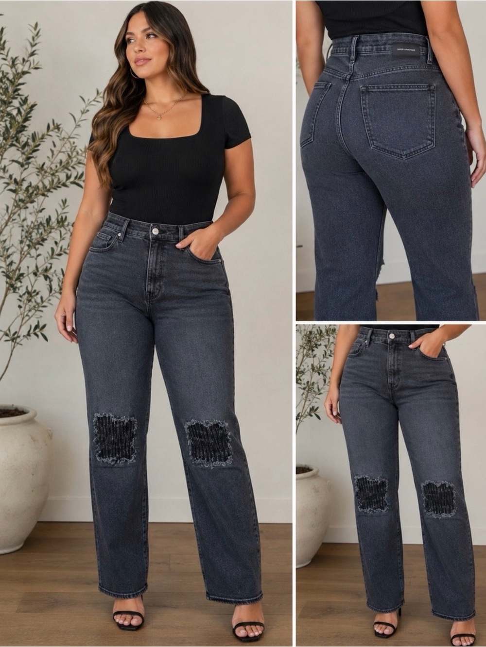 Good American Black Washed Straight leg Jeans with Knee patch detail